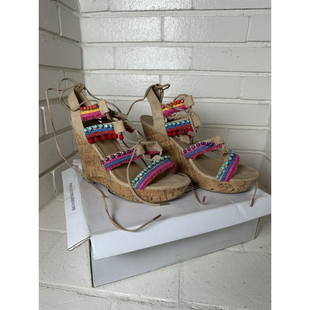 Steve Madden Size‎ 10M Boho Cork Wedge Sandals Lace Up Pom Pom Beaded